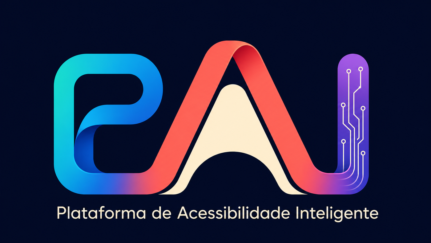 Logo da PAI em fundo azul-marinho. Uma fita contínua forma o P em tons de turquesa e azul, o A coral com uma passagem marfim ampla no centro e o I violeta com linhas claras que lembram circuitos. Abaixo, lê-se Plataforma de Acessibilidade Inteligente.